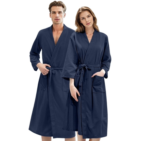 Matching Couples Pajamas Unisex Lightweight Lovers Robes Soft Warm Waffle Knit Solid Color Bathrobe Sleepwear Long Sleeve Loungewear with Pockets