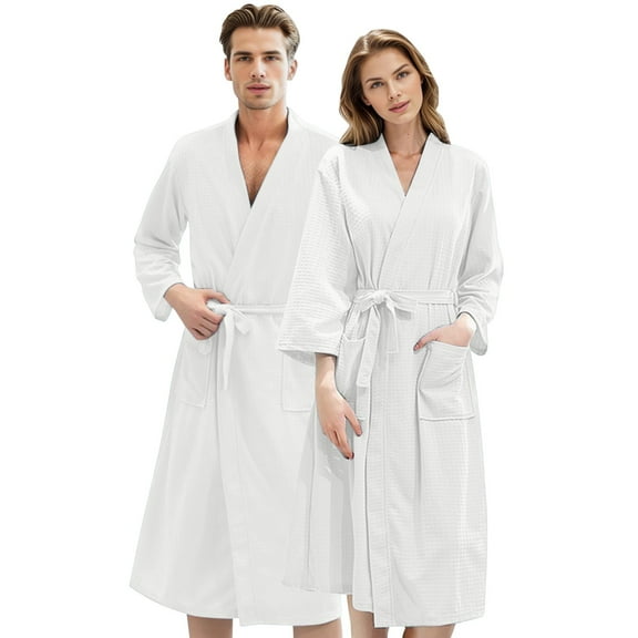 Matching Couples Pajamas Unisex Lightweight Lovers Robes Soft Warm Waffle Knit Solid Color Bathrobe Sleepwear Long Sleeve Loungewear with Pockets