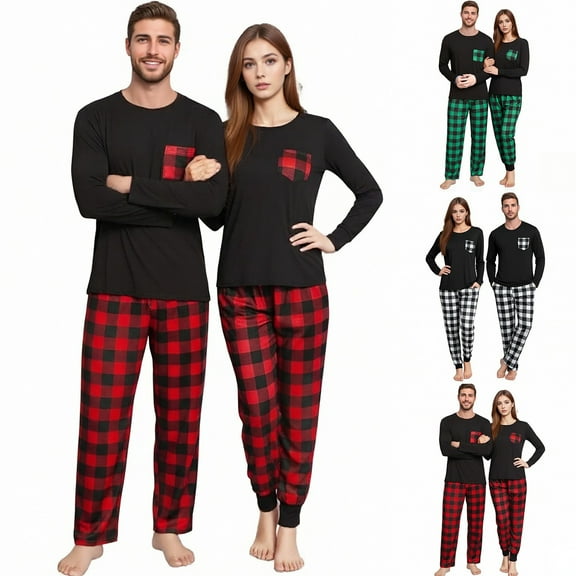 Matching Couples Pajamas for Men and Women Soft Warm Long Sleeve Top and Plaid Pants Party Pj Sets Loose Holiday Loungewear Sleepwear 2 Piece Black L