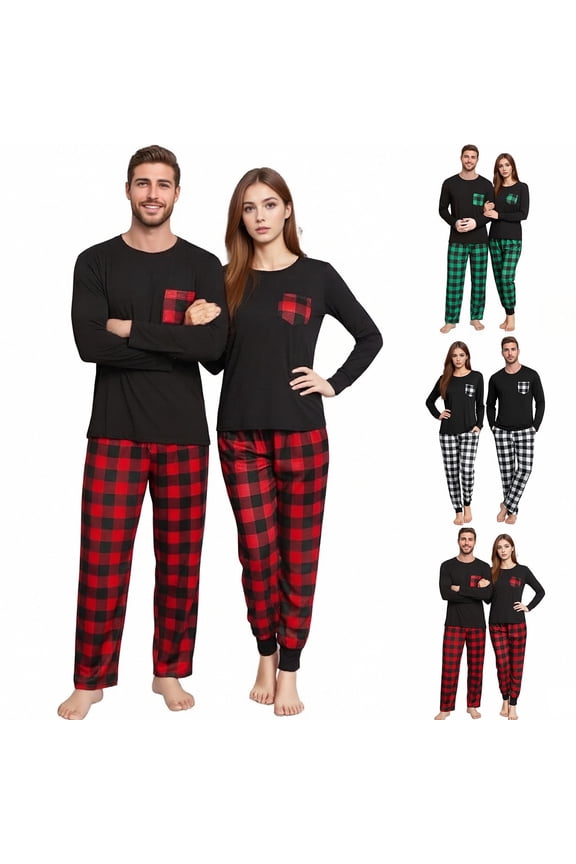 Matching Couples Pajamas for Men and Women Soft Warm Long Sleeve Top and Plaid Pants Party Pj Sets Loose Holiday Loungewear Sleepwear 2 Piece Black S