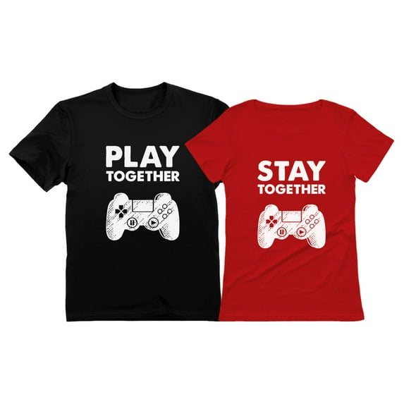 Matching Couples Shirts Play Together Stay Together Funny Gamer Tshirt Valentine Men Black Small / Women Red Large