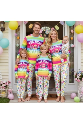 Matching Easter Pajamas for Family Long Sleeve Bunny Print Rainbow Tops Pants Set Loungewear