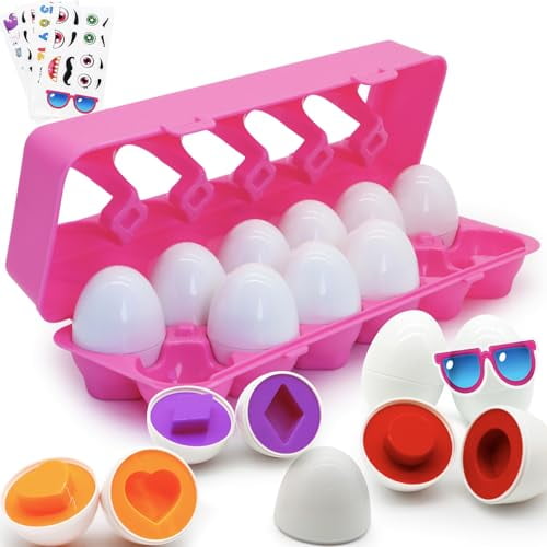 Matching Eggs 12 pcs Set Color & Shape Recoginition Sorter Puzzle for Toddlers Early Learning Educational Fine Motor Skill Montessori Geometric Gift for 1 2 3 Year Old Kids Boys Girls