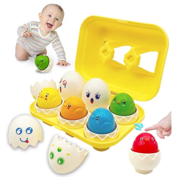 Matching Eggs 6 pcs Set Baby Toys Color & Shape Recoginition Sorter Puzzle for Toddlers Early Learning Educational Fine Motor Skill Montessori Gift for 3 Year Old Kids (Expression Eggs)