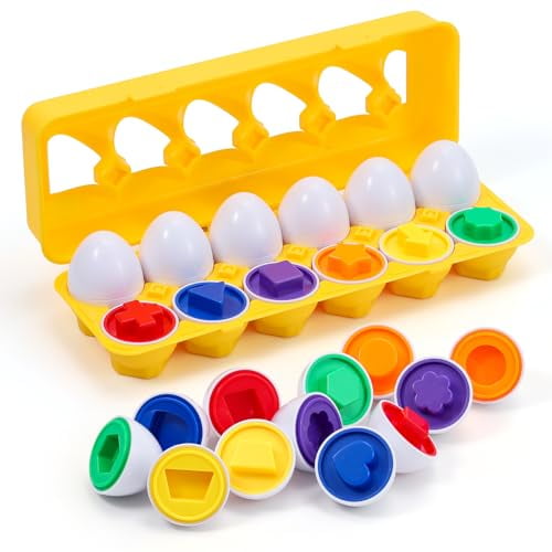 Matching Eggs - Toddler Toys - Color Shapes Egg Set - Educational Color,Shapes and Sorting Recognition Skills - Sorting Puzzle for Kid Baby Toddler Boy Girl,Easter Basket Gift (12 Eggs)