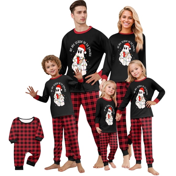 Matching Family Christmas Pajamas Christmas Ghost Print Long Sleeve T Shirt and Plaid Pants Holiday Pjs Soft Sleepwear Loungewear