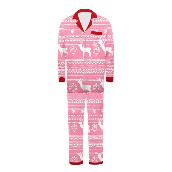 Matching Family Christmas Pajamas Funny Snow Printed Long Sleeve Shirt and Long Pants Holiday Lapel Collar Button Down Tops with Pockets Silk Stain 2 Piece Loungewear for Couples, Men, Women