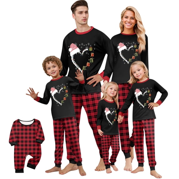 Matching Family Christmas Pajamas Holiday Christmas Print Tops and Plaid Pants Pjs Soft Sleepwear Loungewear