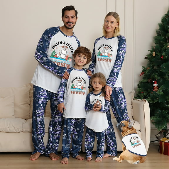 Matching Family Christmas Pajamas Set, Fun Frosty Snowman Holiday Clothes, Blue Tree Print, Plus Sizes Available