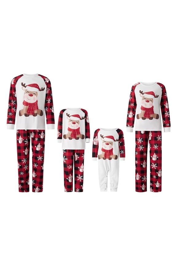 Matching Family Christmas Pajamas Set Long Sleeve Elk Print Tops Plaid Pants Xmas Holiday PJs