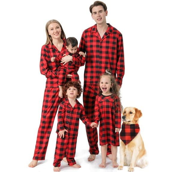 Matching Family Christmas Pajamas Set Red Plaid Holiday PJs Button Up Sleepwear Loungewear Tee and Pants 2-Piece Fall Winter Clothes for Dad Men