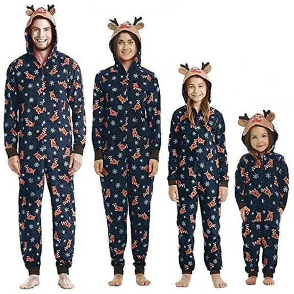 Matching Family Christmas Pajamas Set Reindeer Hoodie Jumpsuit Romper Holiday Pjs Onesies Home Sleepwear Navy Blue Mom 2XL