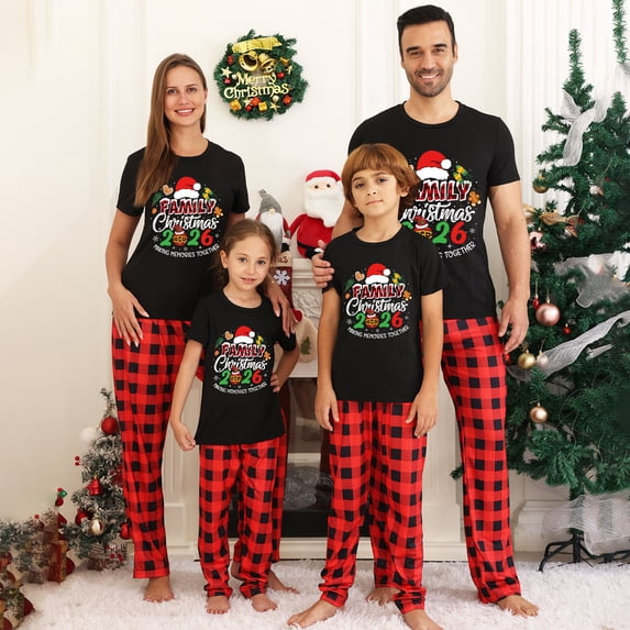 Matching Family Christmas Pajamas, Short Sleeve Top And Buffalo Plaid Pants Set, Christmas Memories Together, Soft Loungewear for Christmas Morning, Family Sleepwear for Xmas Eve