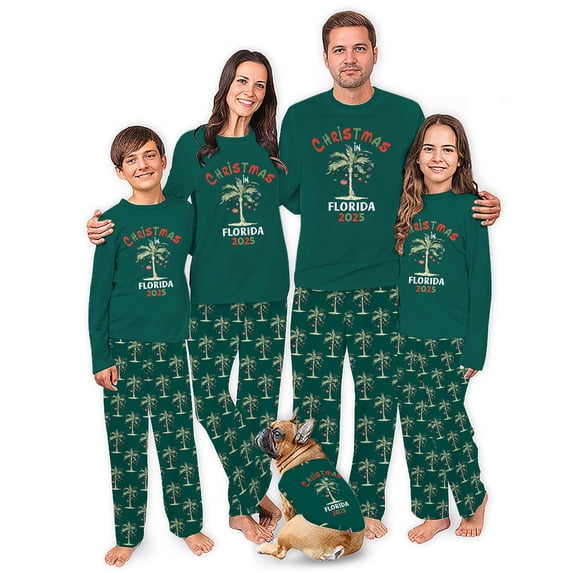 Matching Family Christmas Pajamas With Green Florida 2025 Theme, Holiday Palm Tree Design, Size NB - Men 6XL