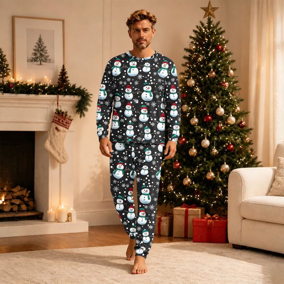 Matching Family Christmas Pjs Sets ,Cute Snowman Printed Long Sleeve Pyjamas Sets for Festival Party Gathering Wear