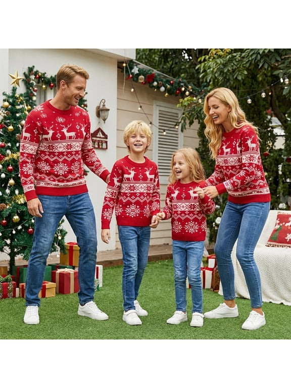 Matching Family Christmas Pullover Sweaters Long Sleeve Snowflake Crewneck Knitted Pullover Tops