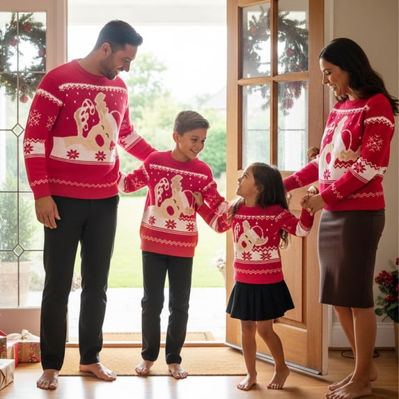Matching Family Christmas Pullover Sweaters Long Sleeve Snowflake Crewneck Knitted Pullover Tops