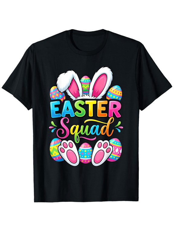 Matching Family Easter Bunny & Egg Squad T-Shirt - Loose Fit Round Neck Casual Role Costume with Bunny & Egg Patterns, Slogan for Easter Egg Hunt Outfits, Themed Apparel (Hand Washable).