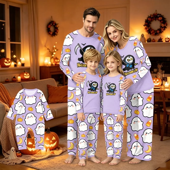 Matching Family Halloween Pajamas Set - 2 piece Ghost Print Long Sleeve Tops + Pants Outfit Sets,Casual Halloween Pajamas Sets for Family Holiday Night for 80 Pjs