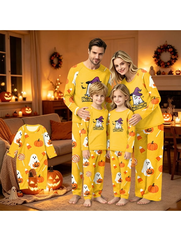 Matching Family Halloween Pajamas Set - 2 piece Ghost Pumpkin Print Long Sleeve Tops + Pants Sets,Casual Halloween Pajamas Sets for Family Holiday Night for 6 Months Pjs