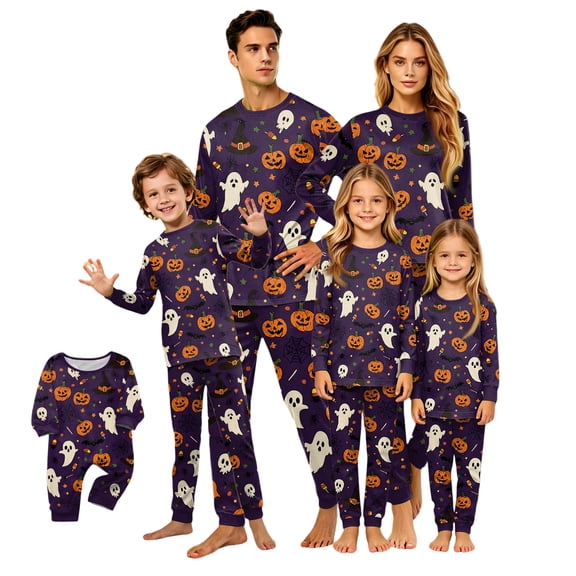 Matching Family Halloween Pajamas Set - 2026 Cute Ghost & Pumpkin Print Two-Piece Sleepwear Pjs - Family Matching Pajamas Soft Holiday Loungewear Halloween Matching Pajamas for Family