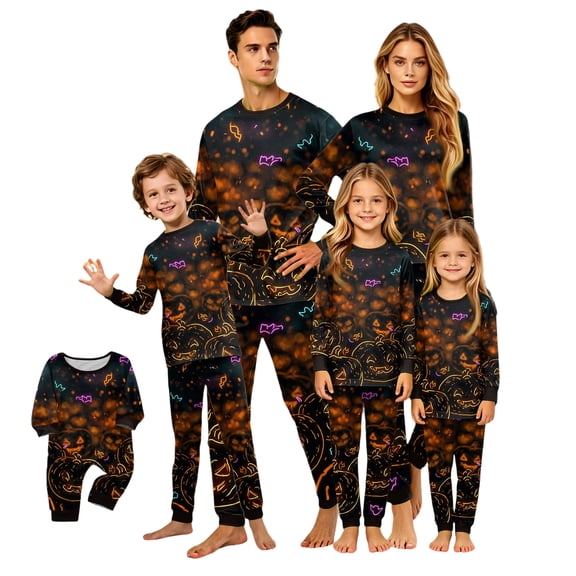 Matching Family Halloween Pajamas Set - 2026 Cute Ghost & Pumpkin Print Two-Piece Sleepwear Pjs - Family Matching Pajamas Soft Holiday Loungewear Halloween Matching Pajamas for Family
