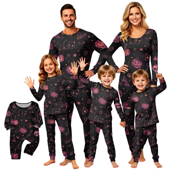 Matching Family Halloween Pajamas Set Candy Ghost Crew Neck Horror Pullover Pjs and Bat Witch Hat Spooky Jogger Sleep Pants