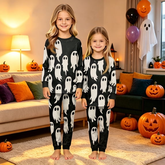 Matching Family Halloween Pajamas Set, Cute Spooky Pumpkin Ghost Long Sleeve PJs Sleepwear Loungewear Gift for Holiday Season