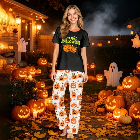 Matching Family Halloween Pajamas Set Pumpkin Witch Hat Crew Neck Horror Pjs Spider Web Ghost Spooky Wide Leg Loungewear, Women:S