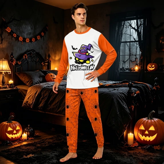 Matching Family Halloween Pajamas Set Spider Web Bat Long Sleeve Funny Loungewear Castle Witch Hat Crew Neck Horror Pjs, Men:3XL