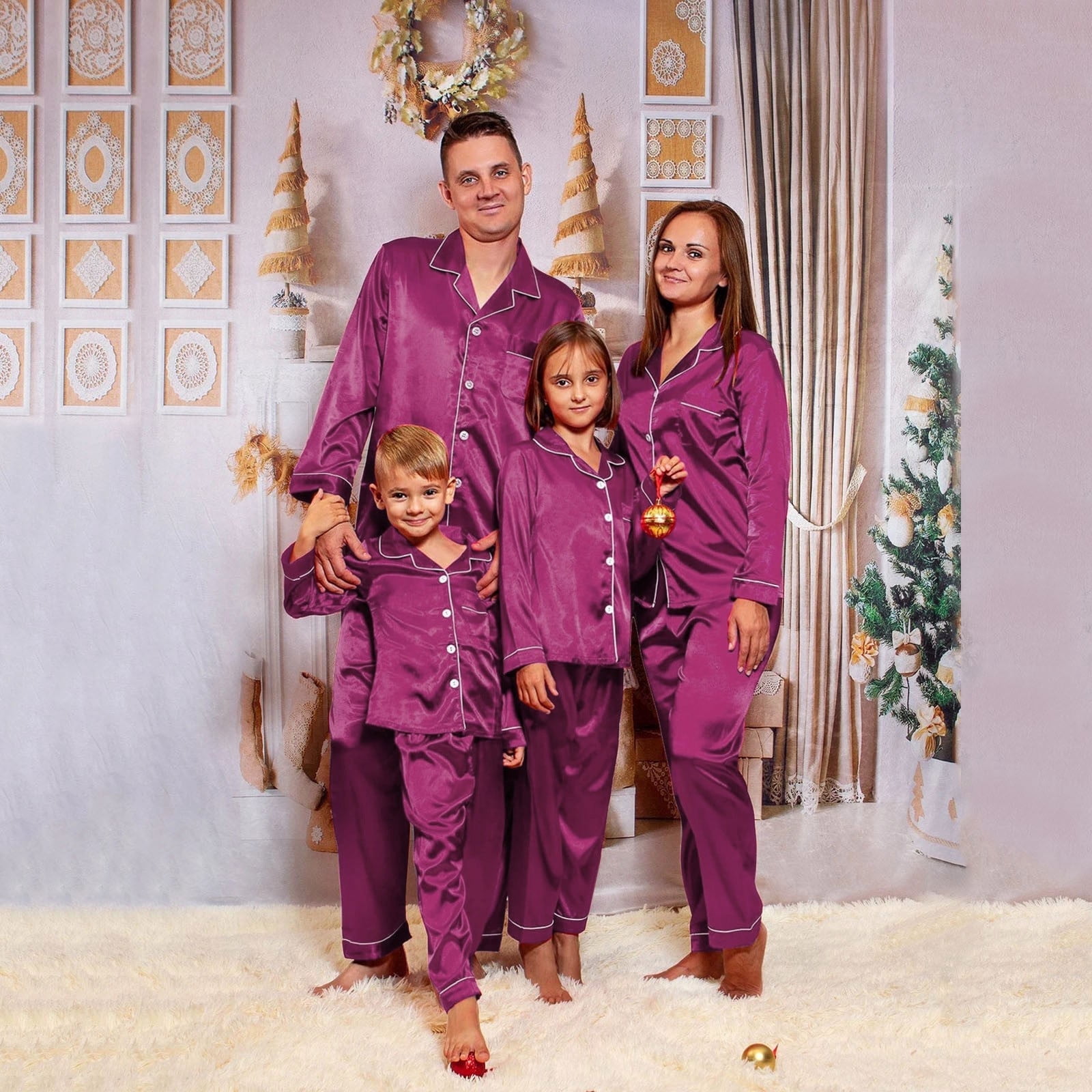Matching Family Pajamas Satin Silk Sleepwear for Family Button Down ...