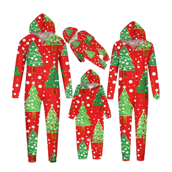 Matching Family Pajamas Set Christmas Tree Onesies Hooded Sleepwear Zip Up Jumpsuit Casual Holiday Loungewear Pjs Set Mom XXL