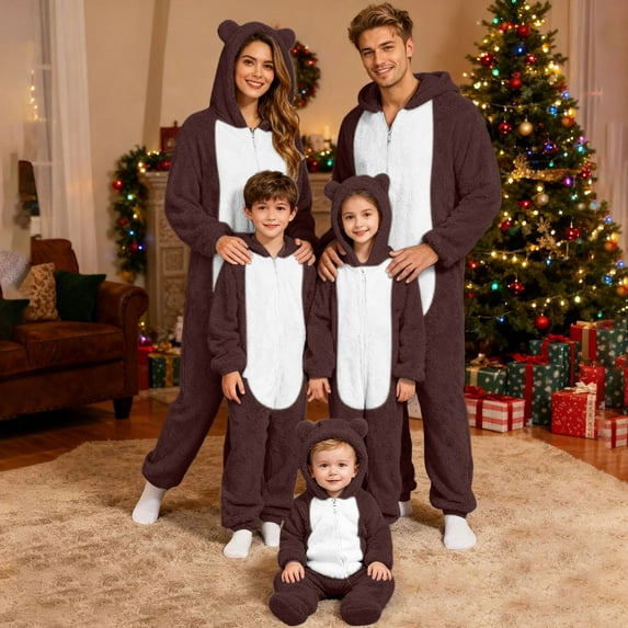 Matching Family Pajamas Sets Christmas Long Sleeve Zip Up Homewear Cute Hooded Union Suits Soft Pjs Lounge Sets Brown(Dad) M