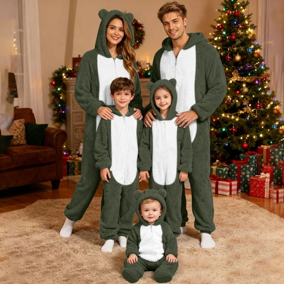 Matching Family Pajamas Sets Christmas Long Sleeve Zip Up Homewear Cute Hooded Union Suits Soft Pjs Lounge Sets Olive Green(Mom) M