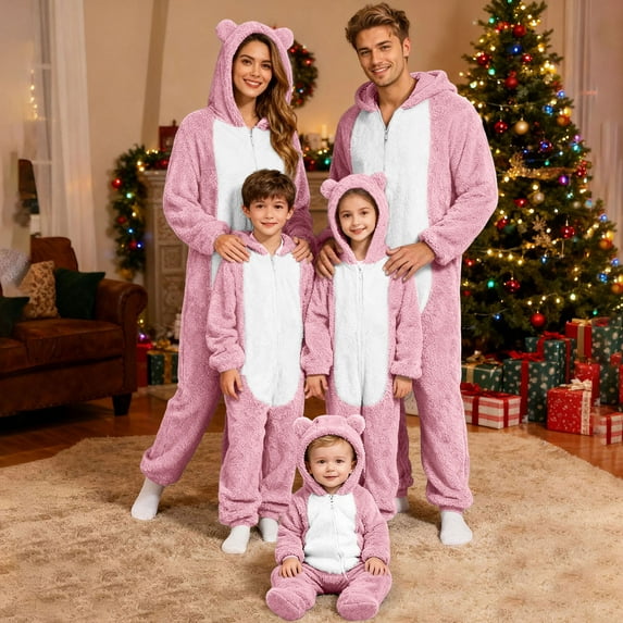 Matching Family Pajamas Sets Christmas Long Sleeve Zip Up Homewear Cute Hooded Union Suits Soft Pjs Lounge Sets Pink(Mom) M