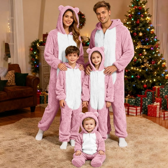 Matching Family Pajamas Sets Christmas Long Sleeve Zip Up Homewear Cute Hooded Union Suits Soft Pjs Lounge Sets Pink(Mom) M