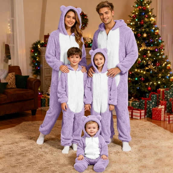 Matching Family Pajamas Sets Christmas Long Sleeve Zip Up Homewear Cute Hooded Union Suits Soft Pjs Lounge Sets Purple(Dad) XL