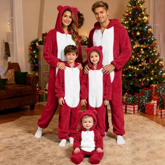 Matching Family Pajamas Sets Christmas Long Sleeve Zip Up Homewear Cute Hooded Union Suits Soft Pjs Lounge Sets Red(Dad) M