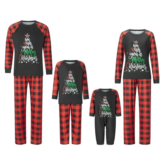 Matching Family Pajamas Sets Christmas Matching Holiday Pjs Letter Print Top and Plaid Pants Sleepwear