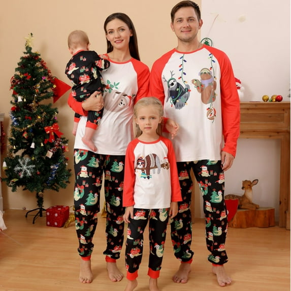 Matching Family Pajamas Sets Christmas PJ's Santa Sloth Print Top and Pants Bottom 2Pcs Sleepwear