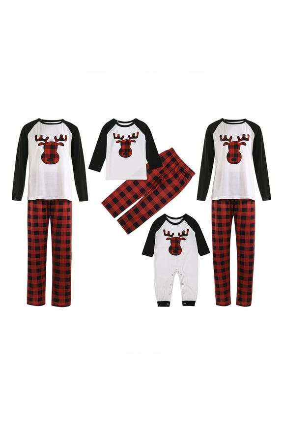 Matching Family Pajamas Sets Reindeer Christmas Tree Long Sleeve Top Plaid Pants Loungewear
