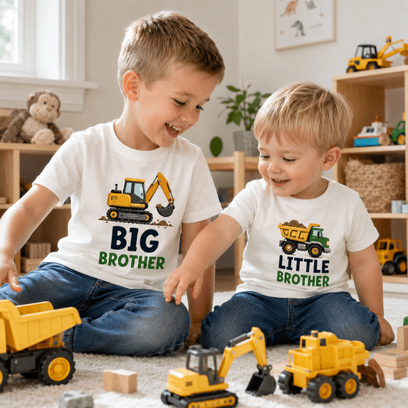 Matching Family Shirts, Big Brother Little Brother Construction Truck Shirt, Cute Sibling Matching Tee, Birthday Gift for Brothers
