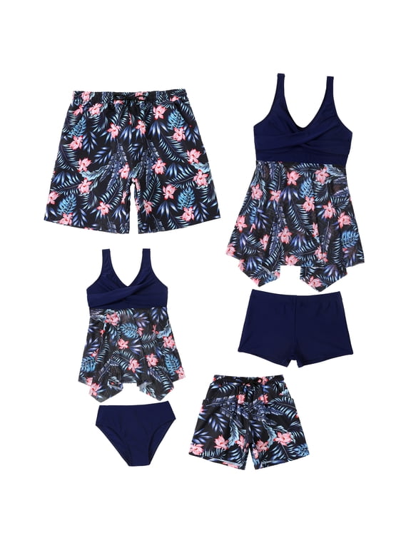 Matching Family Swimsuits Ruffle Bathing Suits for Women Girl Men Boy Swim Trunks Print Swimwear