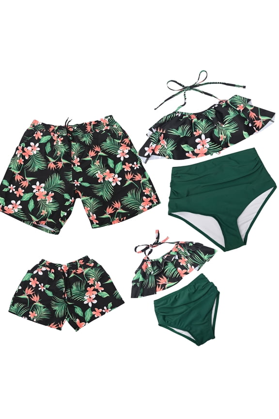 Matching Family Swimsuits Ruffle Bathing Suits for Women Girl Men Boy Swim Trunks Print Swimwear