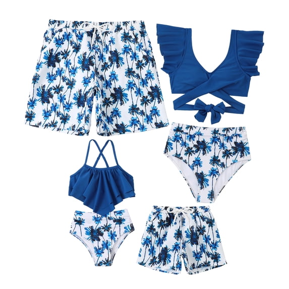 Matching Family Swimsuits Ruffle Bathing Suits for Women Girl Men Boy Swim Trunks Print Swimwear