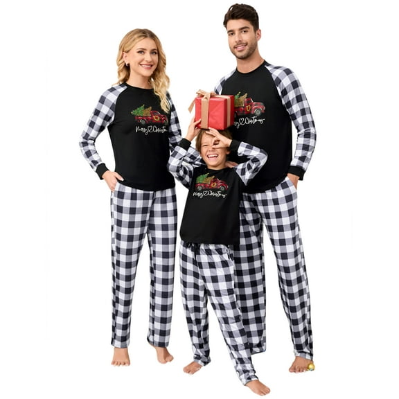 Matching Family Women's Pajamas Sets Christmas Pajamas Letter Print Top and Plaid Bottom Sleepwear Jammies with Pockets