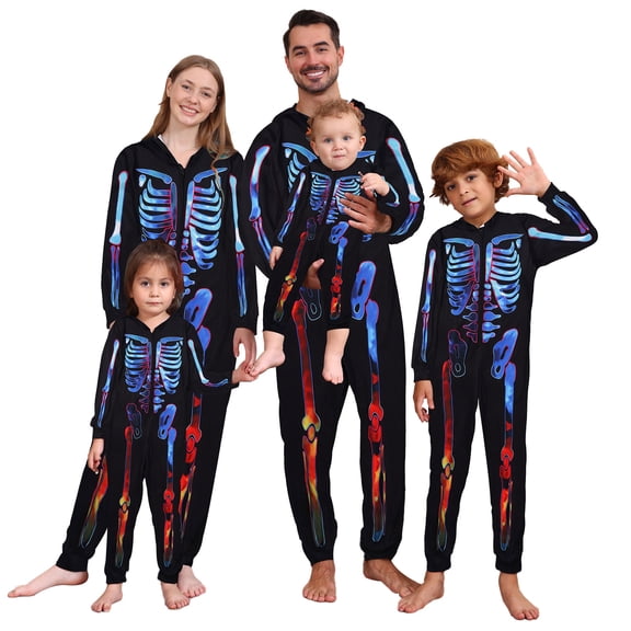 Matching Halloween Family Outfit Parent Child Outfit Skeleton Halloween Printed Hooded Zipper Home Jumpsuit Outdoor Photography Set Women Men Kids