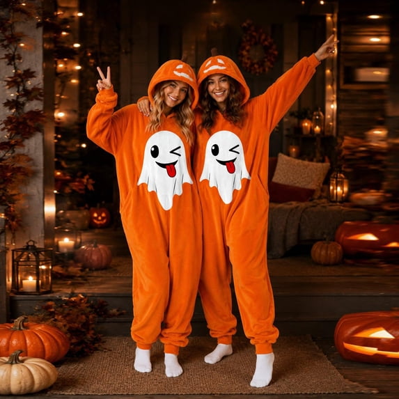 Matching Halloween Onesie Pajamas for Matchings, Hooded One Piece Costume Loungewear for Women and Men, Cozy Holiday Sleepwear for Halloween Party, Pumpkin Festival and Fall Nights, L