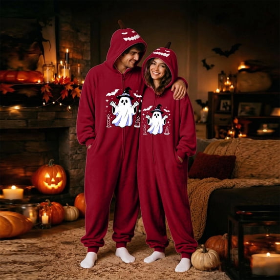 Matching Halloween Onesie Pajamas for Couples, Cozy One Piece Jumpsuit Sleepwear Loungewear Outfit for Holiday Party and Home