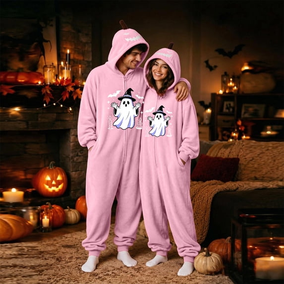 Matching Halloween Onesie Pajamas for Couples, Cozy One Piece Jumpsuit Sleepwear Loungewear Outfit for Holiday Party and Home